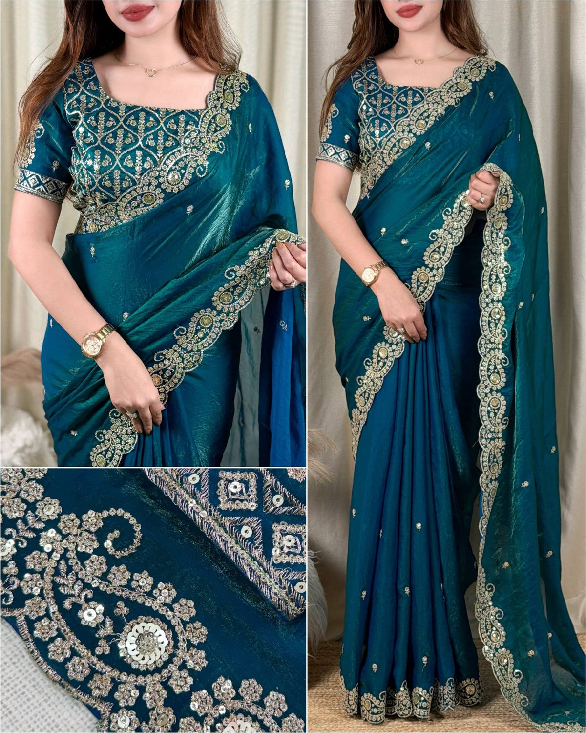 Beautiful Soft Rich Fandy Satin Silk Sequence Embroidery Work Saree