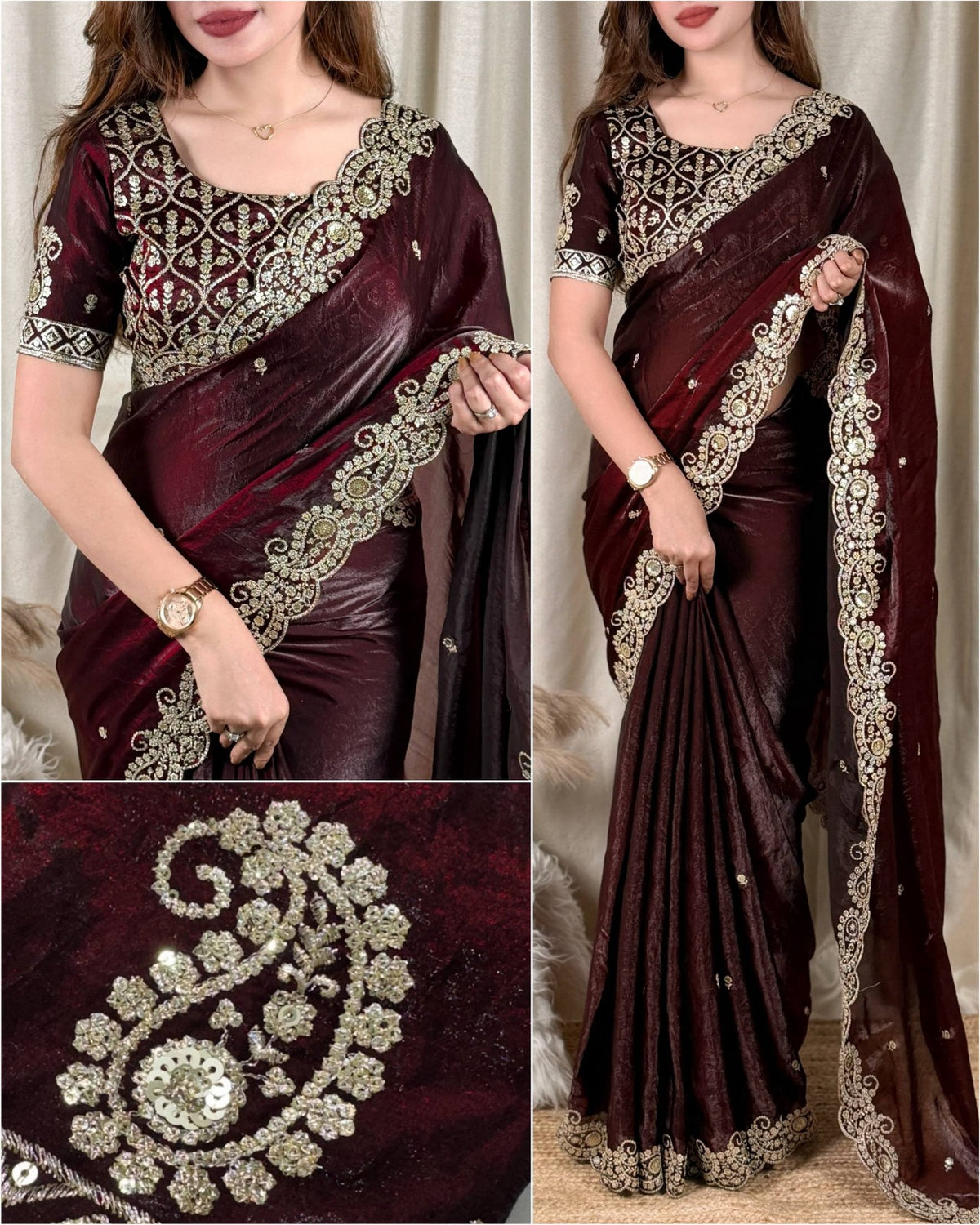 Beautiful Soft Rich Fandy Satin Silk Sequence Embroidery Work Saree