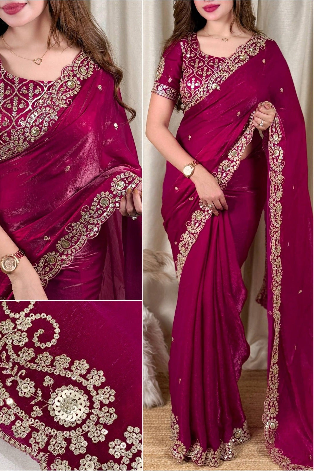 Beautiful Soft Rich Fandy Satin Silk Sequence Embroidery Work Saree
