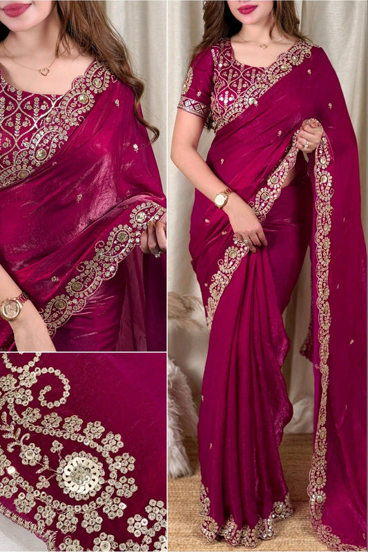 Beautiful Soft Rich Fandy Satin Silk Sequence Embroidery Work Saree