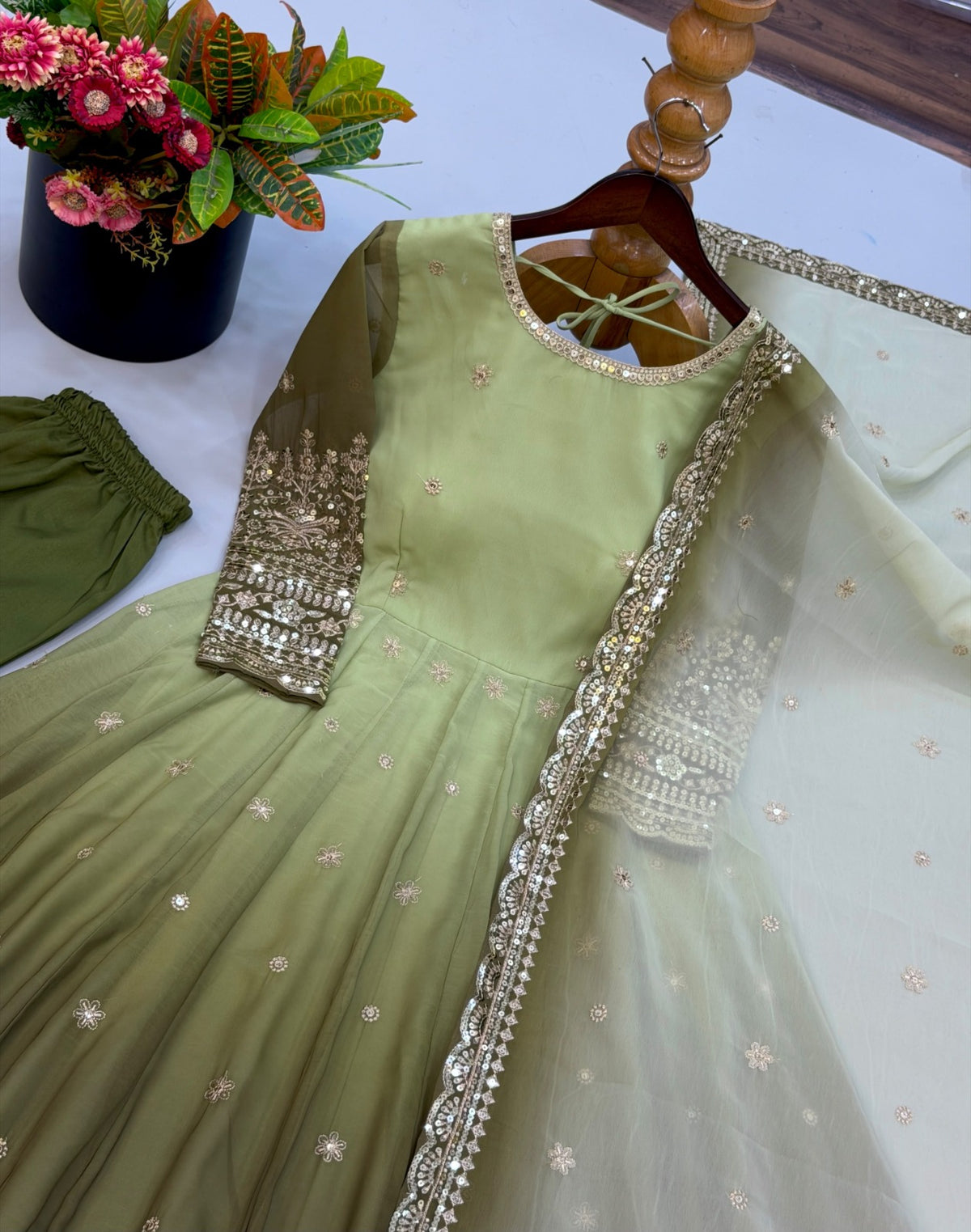 Festive trending designer gown with pant &  heavy embroidered sequence work dupatta