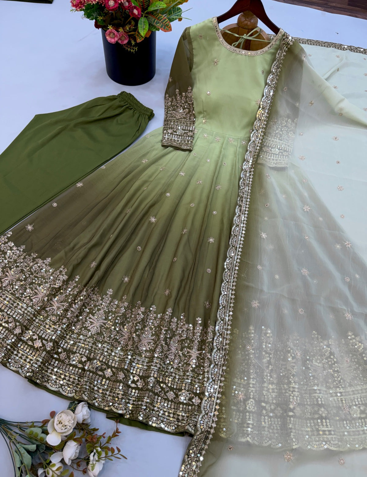 Festive trending designer gown with pant &  heavy embroidered sequence work dupatta