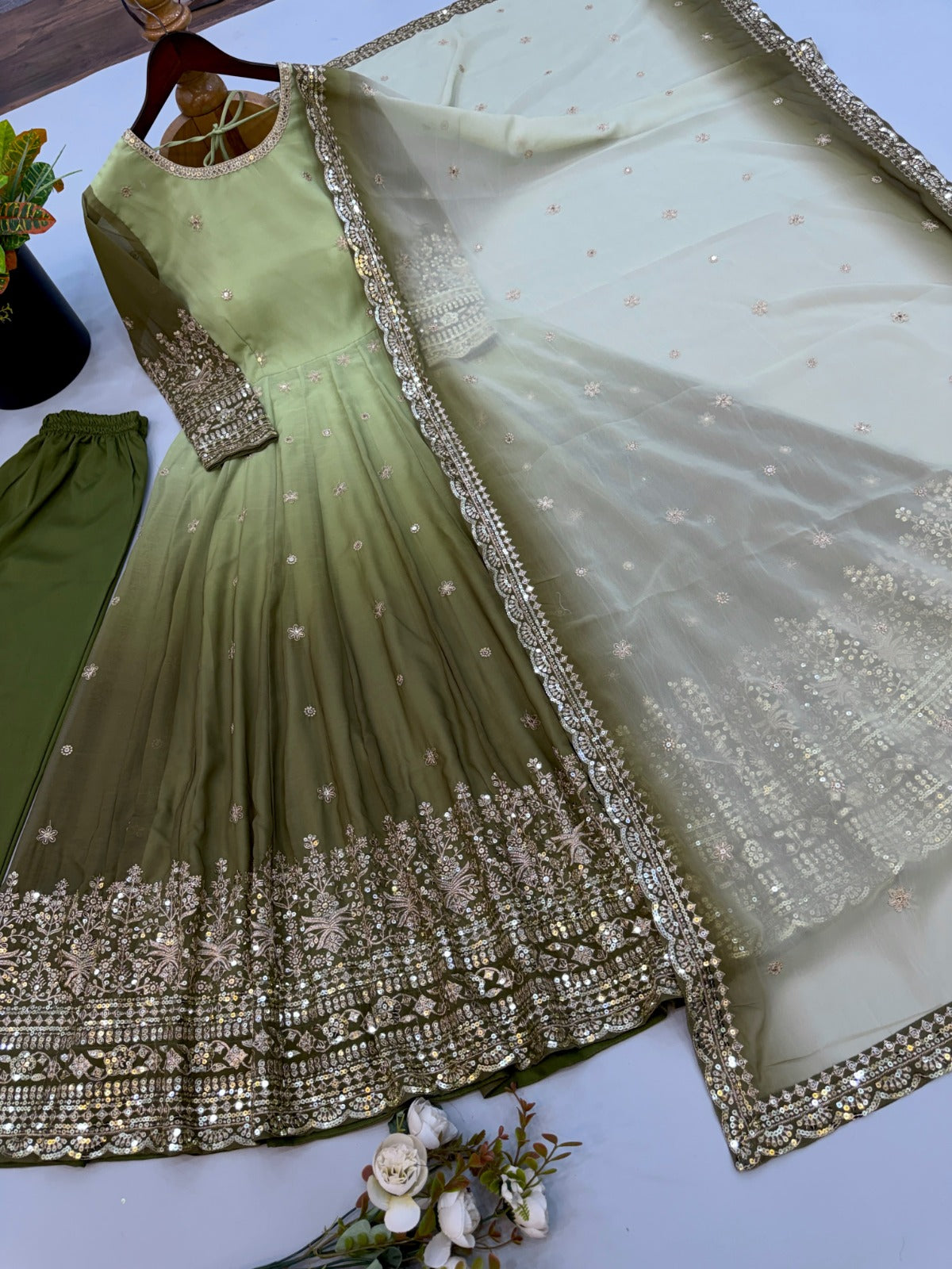 Festive trending designer gown with pant &  heavy embroidered sequence work dupatta