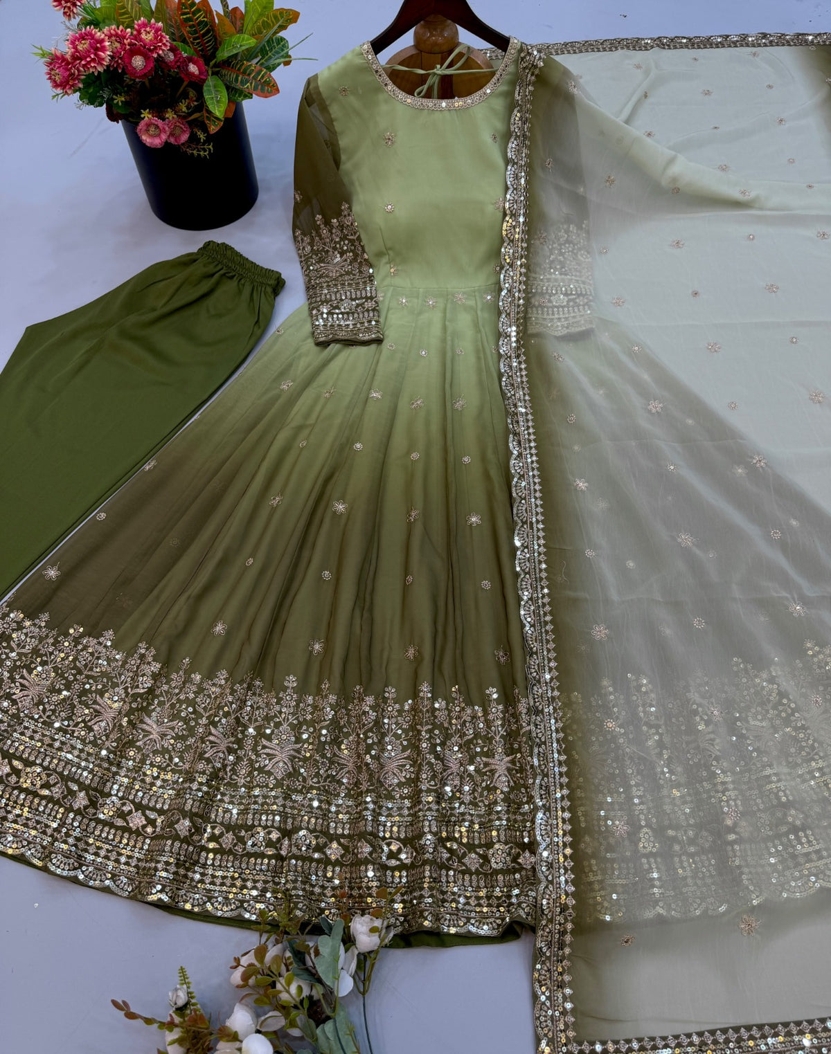 Festive trending designer gown with pant &  heavy embroidered sequence work dupatta