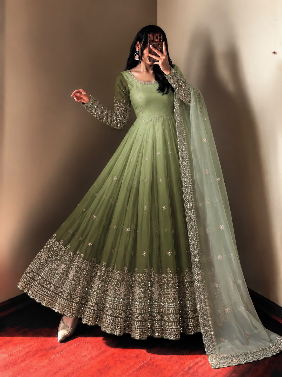 Festive trending designer gown with pant &  heavy embroidered sequence work dupatta