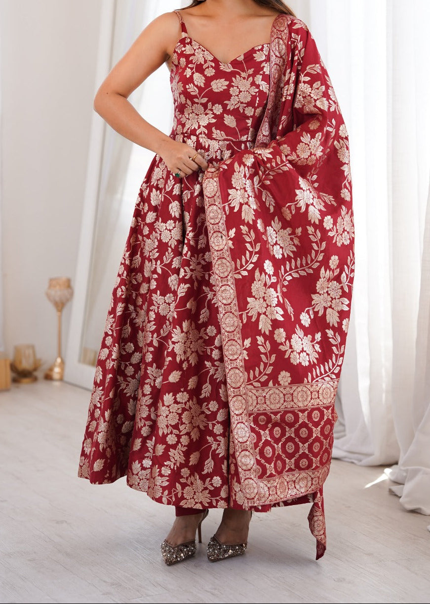 Designer classic banarasi jackquard dola silk fabric Anarkali suit set