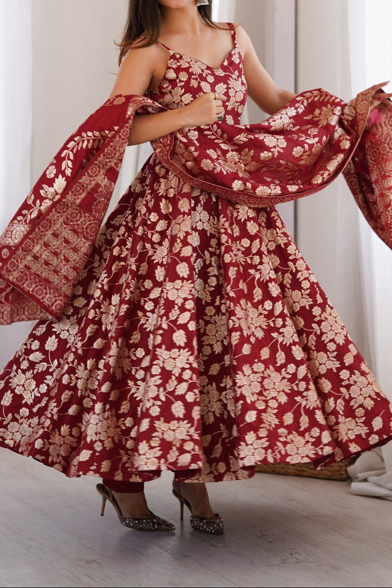 Designer classic banarasi jackquard dola silk fabric Anarkali suit set