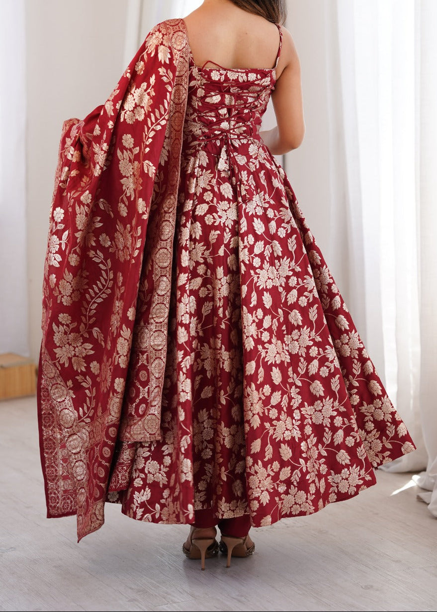 Designer classic banarasi jackquard dola silk fabric Anarkali suit set