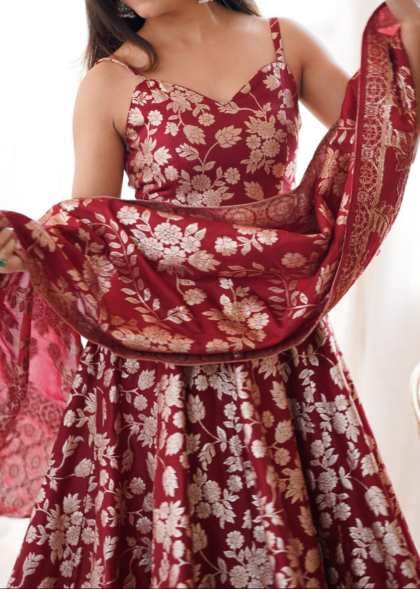 Designer classic banarasi jackquard dola silk fabric Anarkali suit set