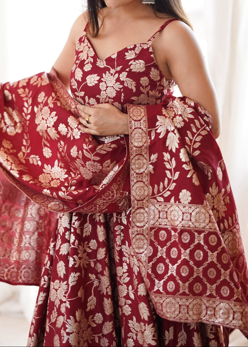 Designer classic banarasi jackquard dola silk fabric Anarkali suit set