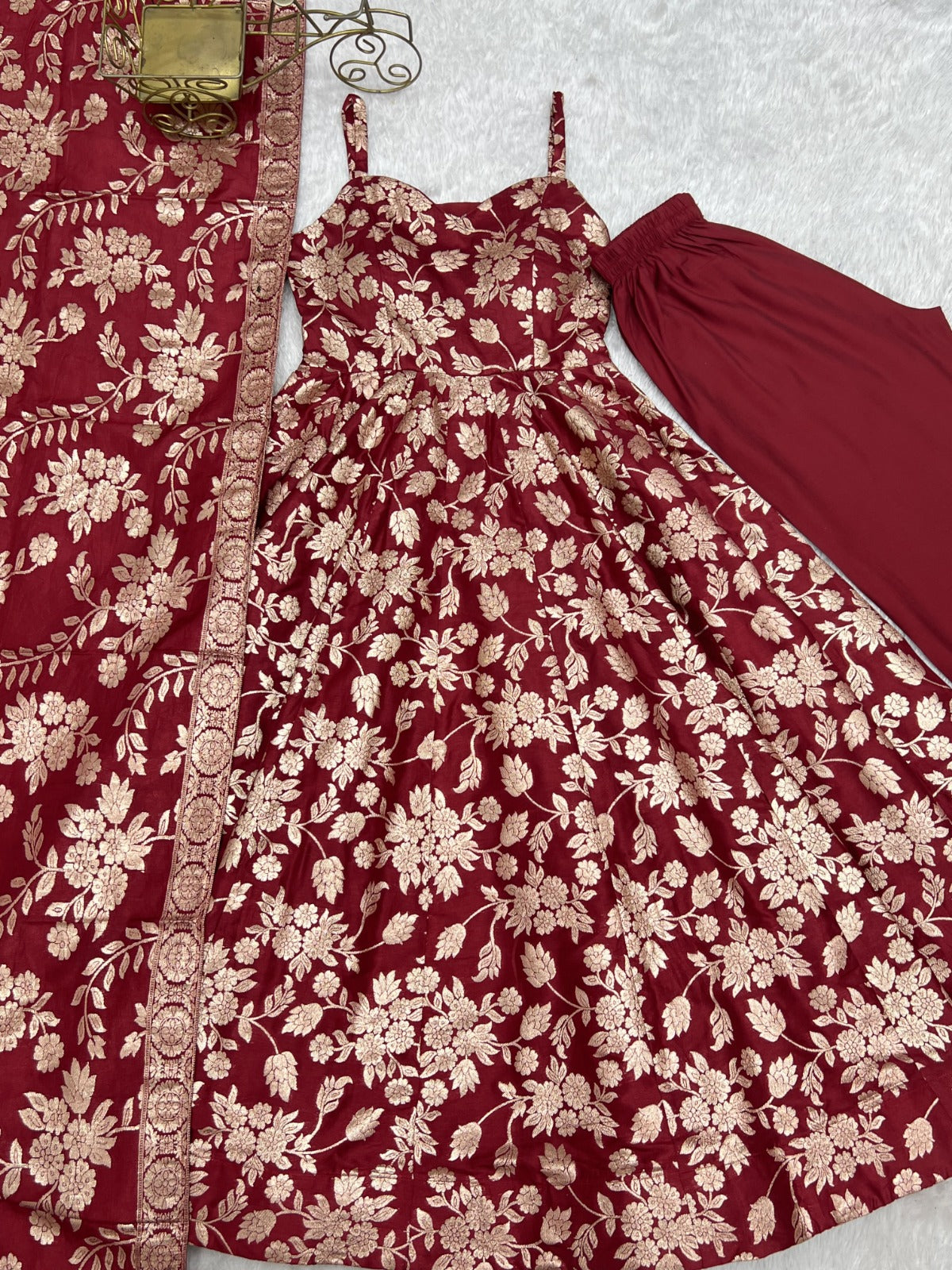 Designer classic banarasi jackquard dola silk fabric Anarkali suit set