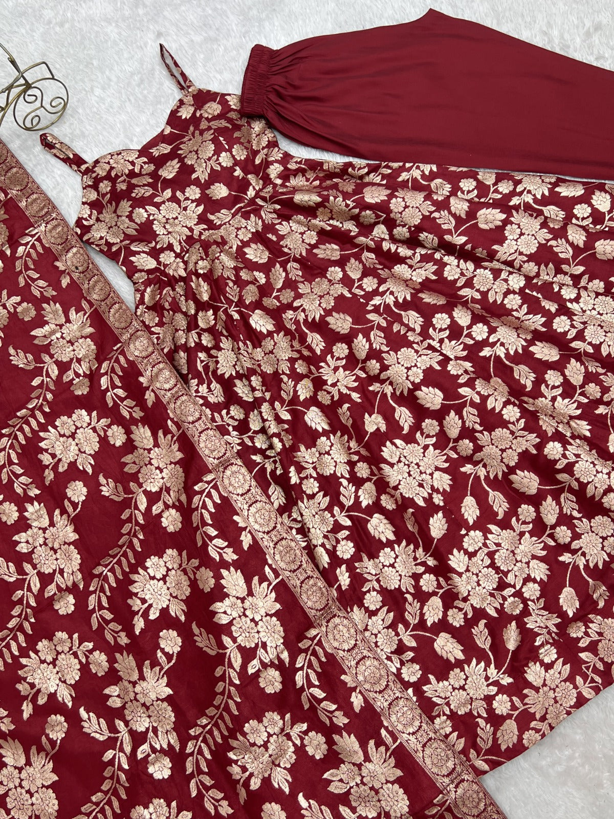 Designer classic banarasi jackquard dola silk fabric Anarkali suit set