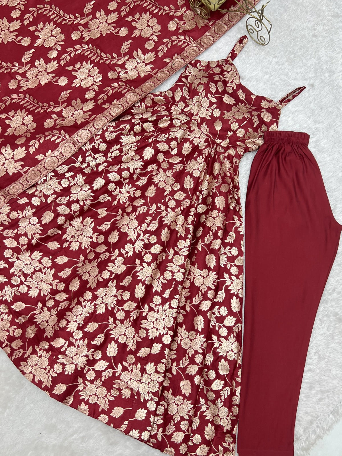 Designer classic banarasi jackquard dola silk fabric Anarkali suit set