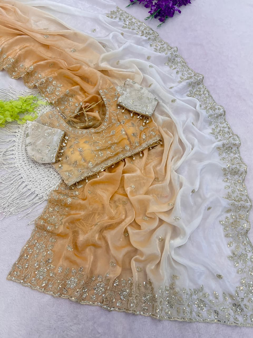 Designer Party Wear Fendy Sartin Saree With Stitched Blouse