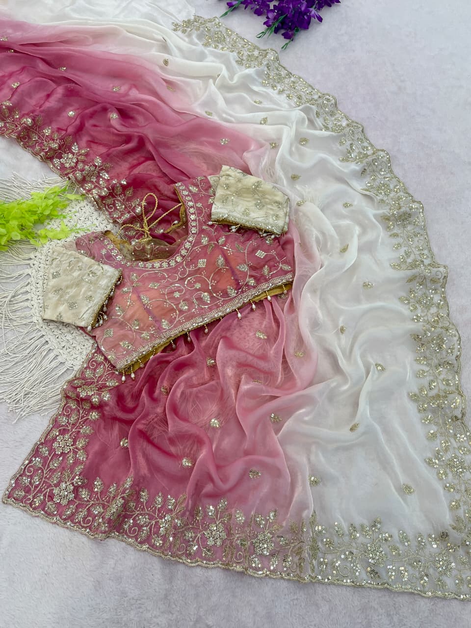 Designer Party Wear Fendy Sartin Saree With Stitched Blouse