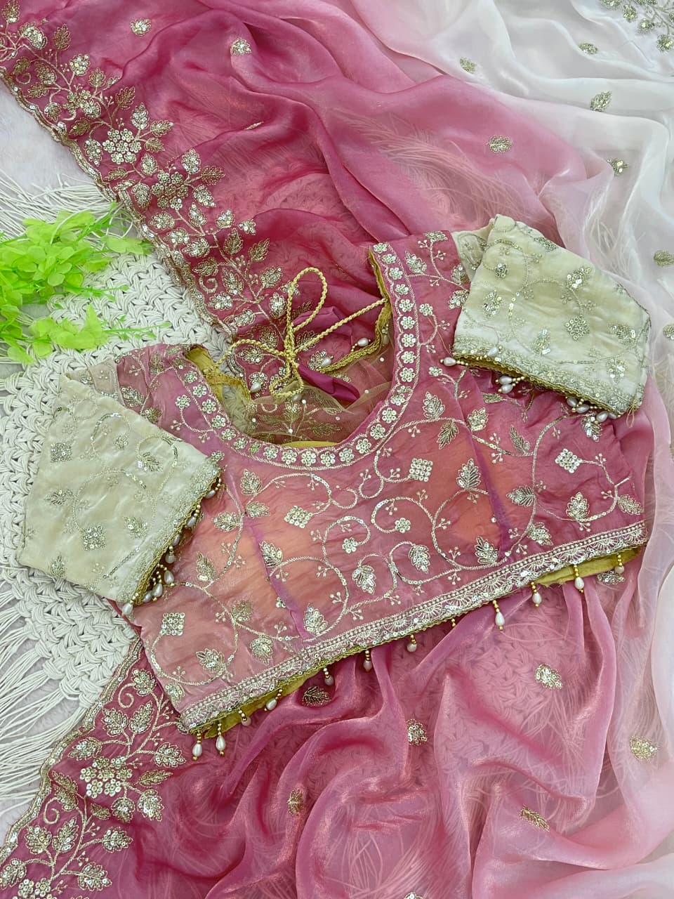 Designer Party Wear Fendy Sartin Saree With Stitched Blouse