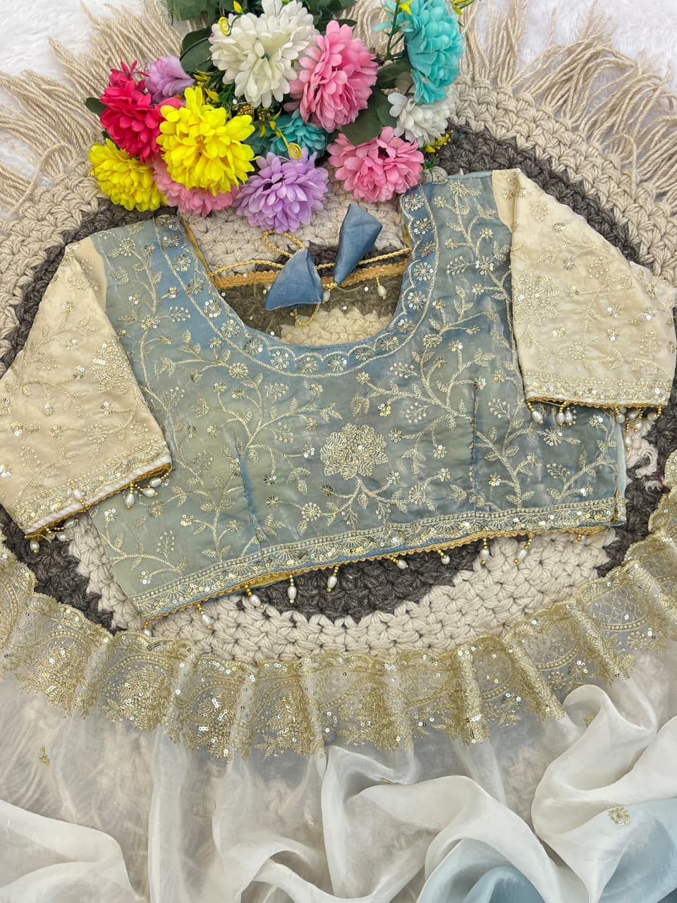 Designer Party Wear Fendy Sartin Saree With Stitched Blouse