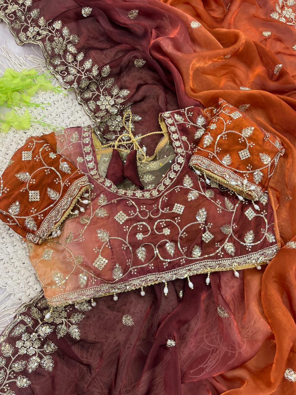 Designer Party Wear Fendy Sartin Saree With Stitched Blouse