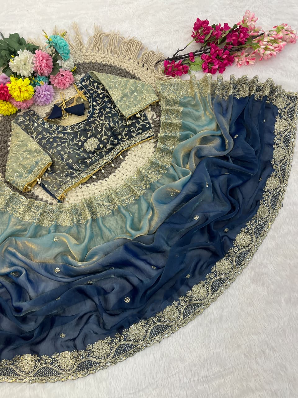Designer Party Wear Fendy Sartin Saree With Stitched Blouse