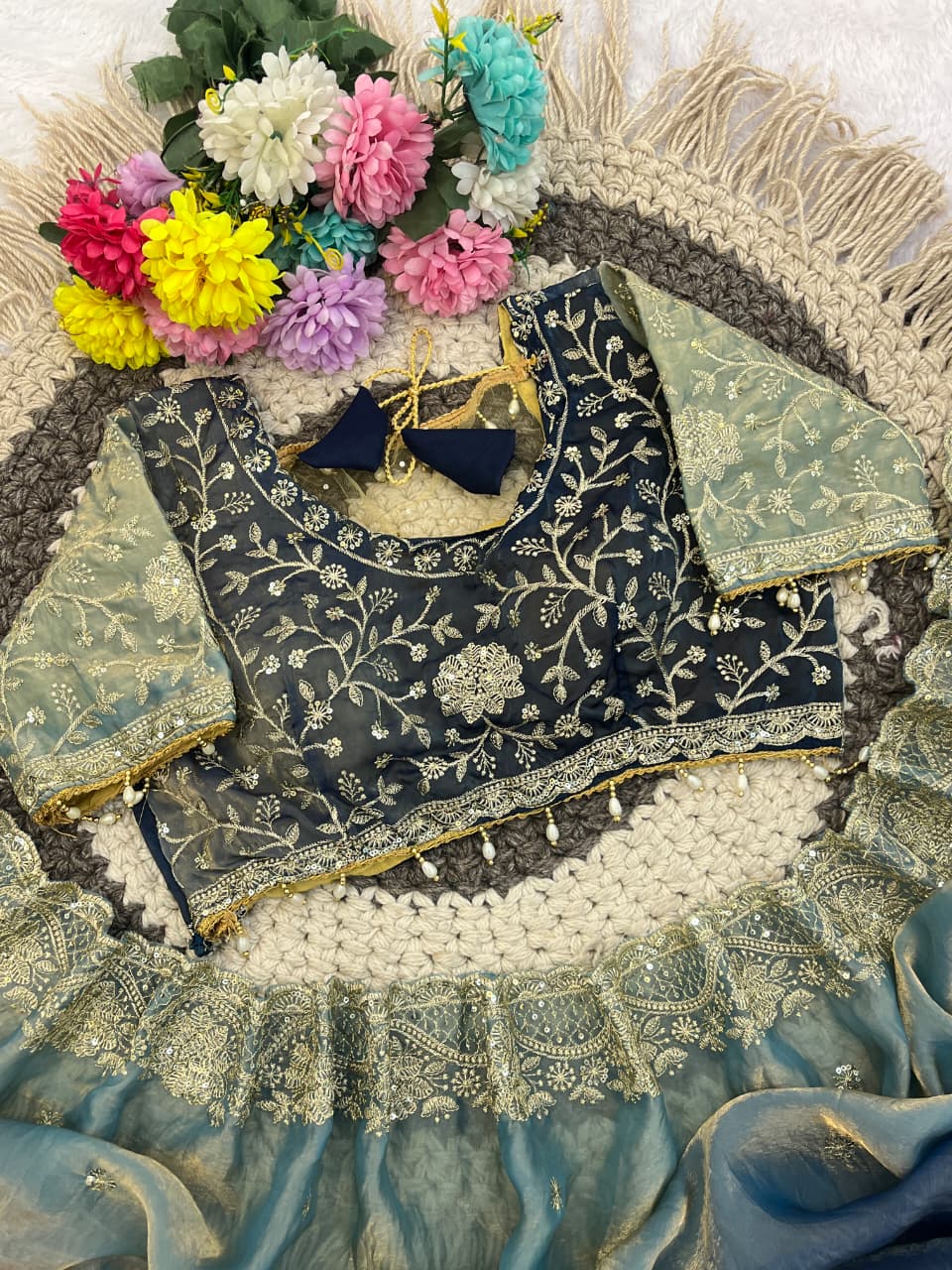 Designer Party Wear Fendy Sartin Saree With Stitched Blouse