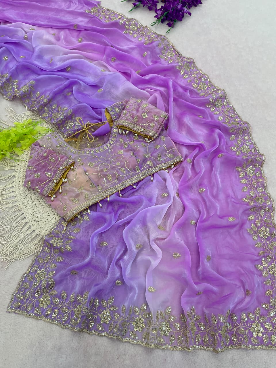 Designer Party Wear Fendy Sartin Saree With Stitched Blouse
