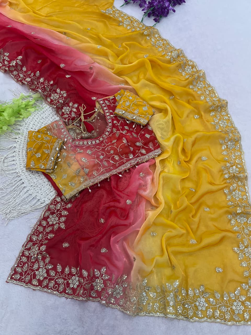 Designer Party Wear Fendy Sartin Saree With Stitched Blouse