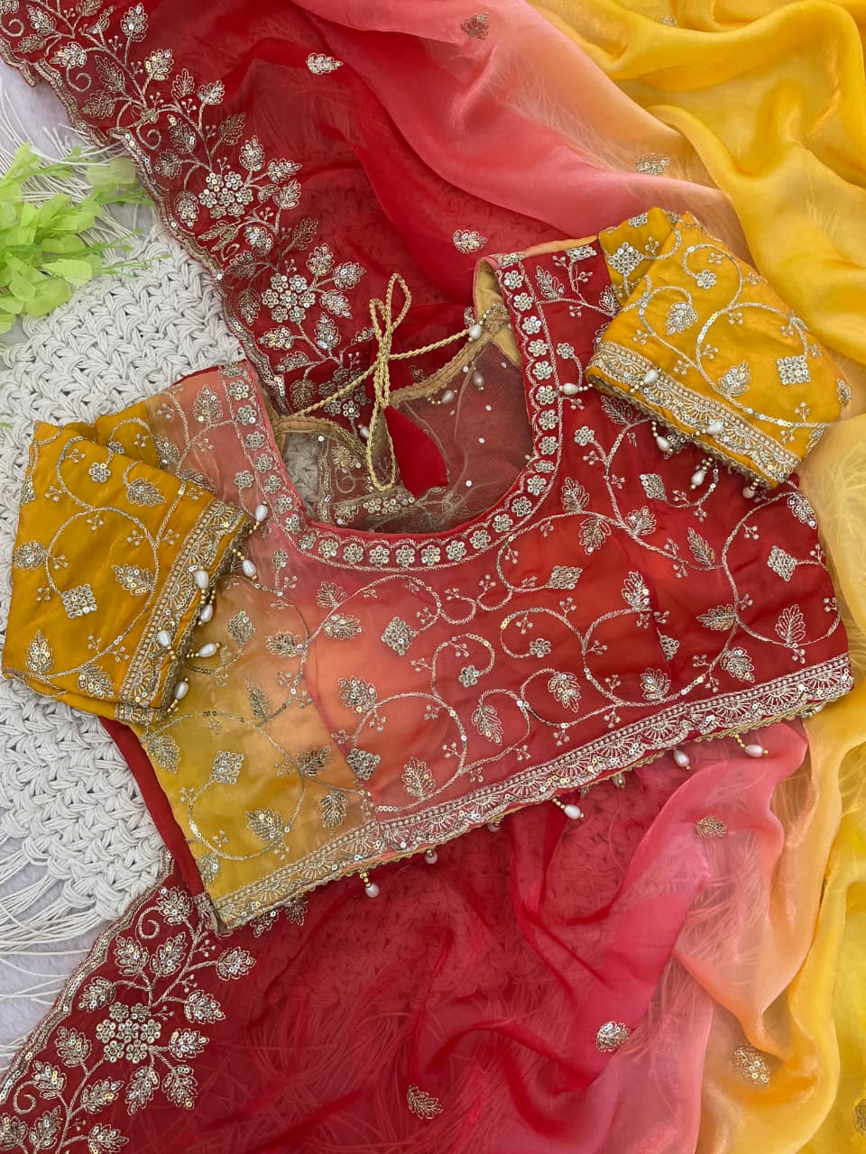 Designer Party Wear Fendy Sartin Saree With Stitched Blouse