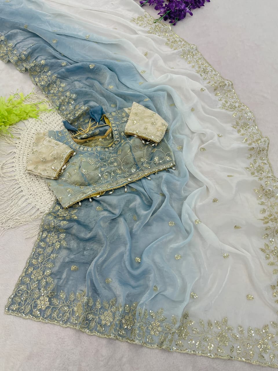 Designer Party Wear Fendy Sartin Saree With Stitched Blouse