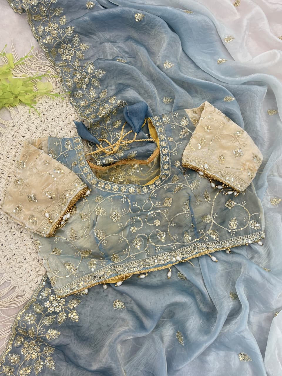 Designer Party Wear Fendy Sartin Saree With Stitched Blouse