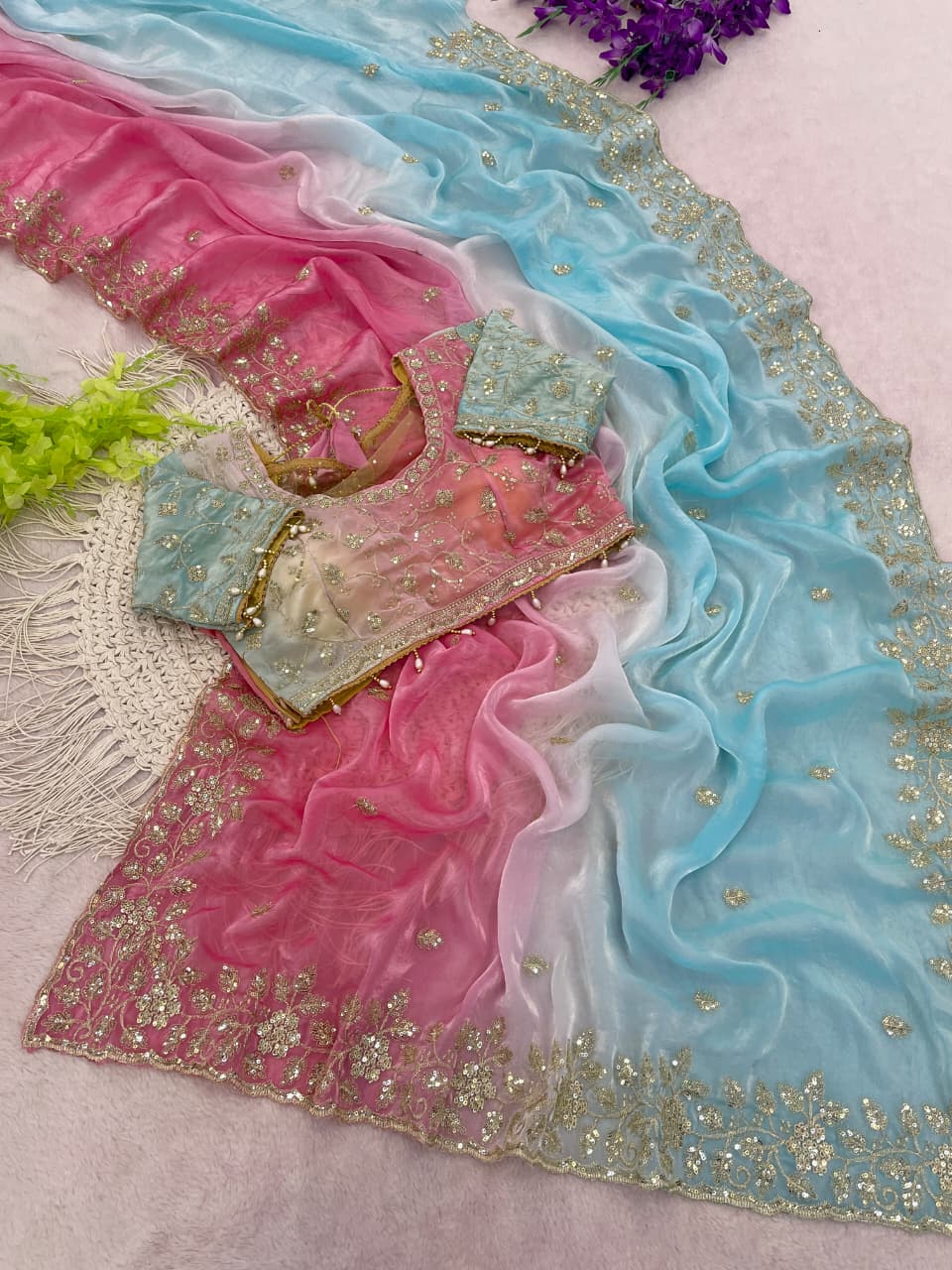 Designer Party Wear Fendy Sartin Saree With Stitched Blouse