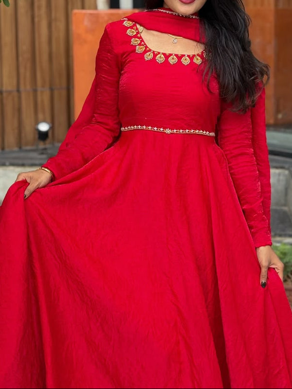 Fendy Silk Red Anarkali Suit Set With Handwork Detailing