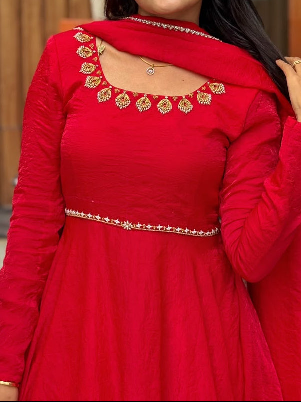 Fendy Silk Red Anarkali Suit Set With Handwork Detailing