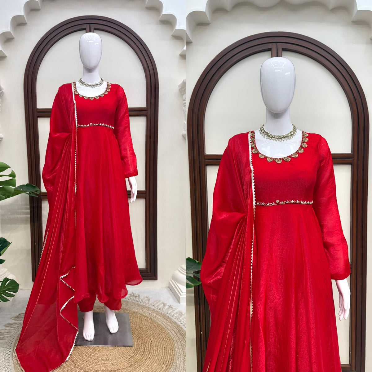 Fendy Silk Red Anarkali Suit Set With Handwork Detailing