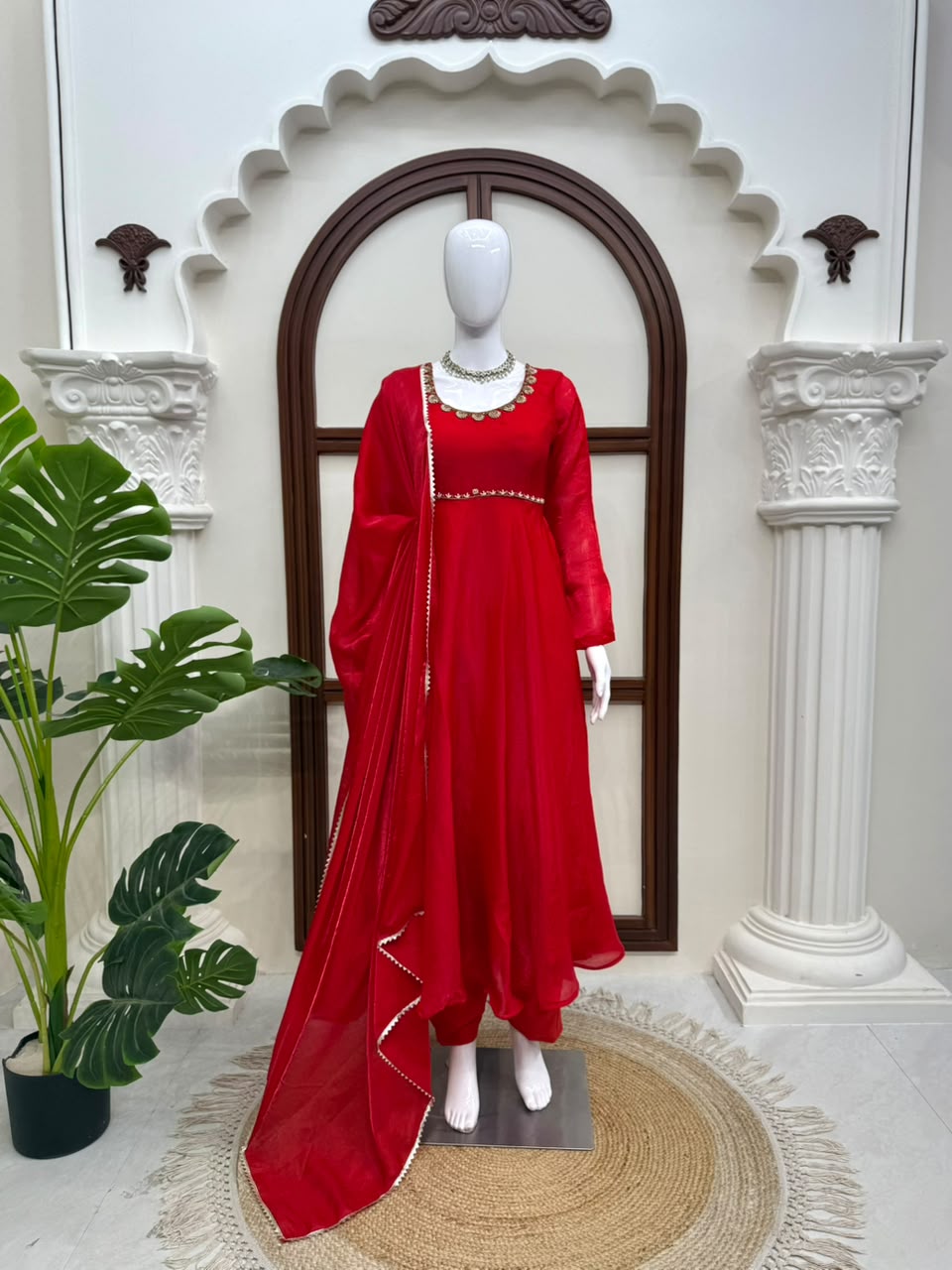 Fendy Silk Red Anarkali Suit Set With Handwork Detailing