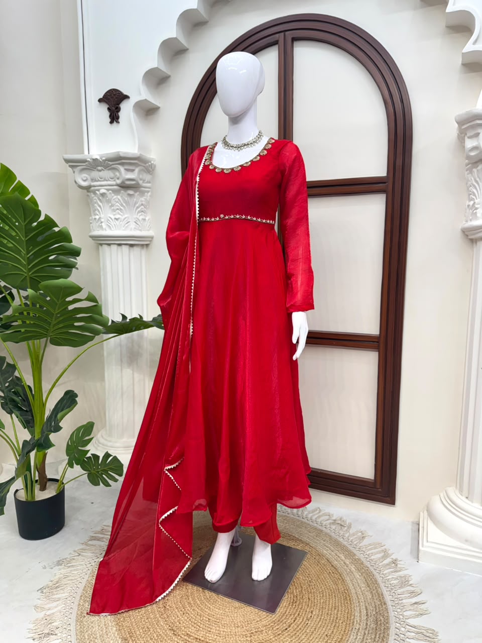 Fendy Silk Red Anarkali Suit Set With Handwork Detailing