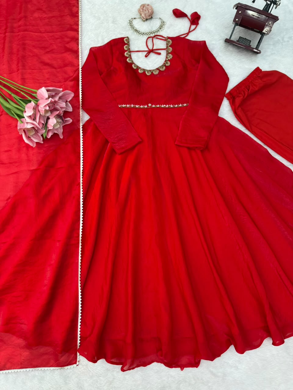 Fendy Silk Red Anarkali Suit Set With Handwork Detailing