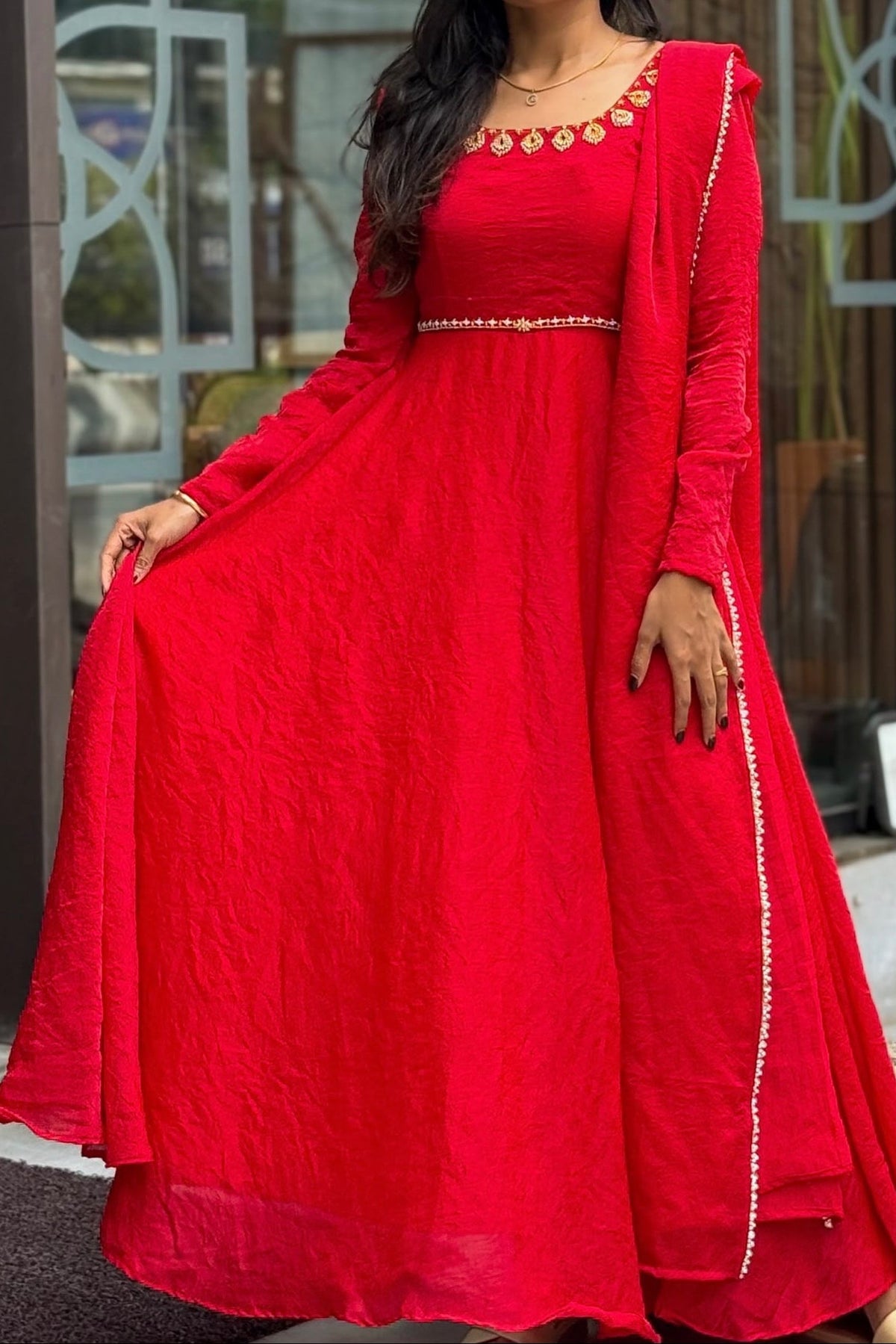 Fendy Silk Red Anarkali Suit Set With Handwork Detailing