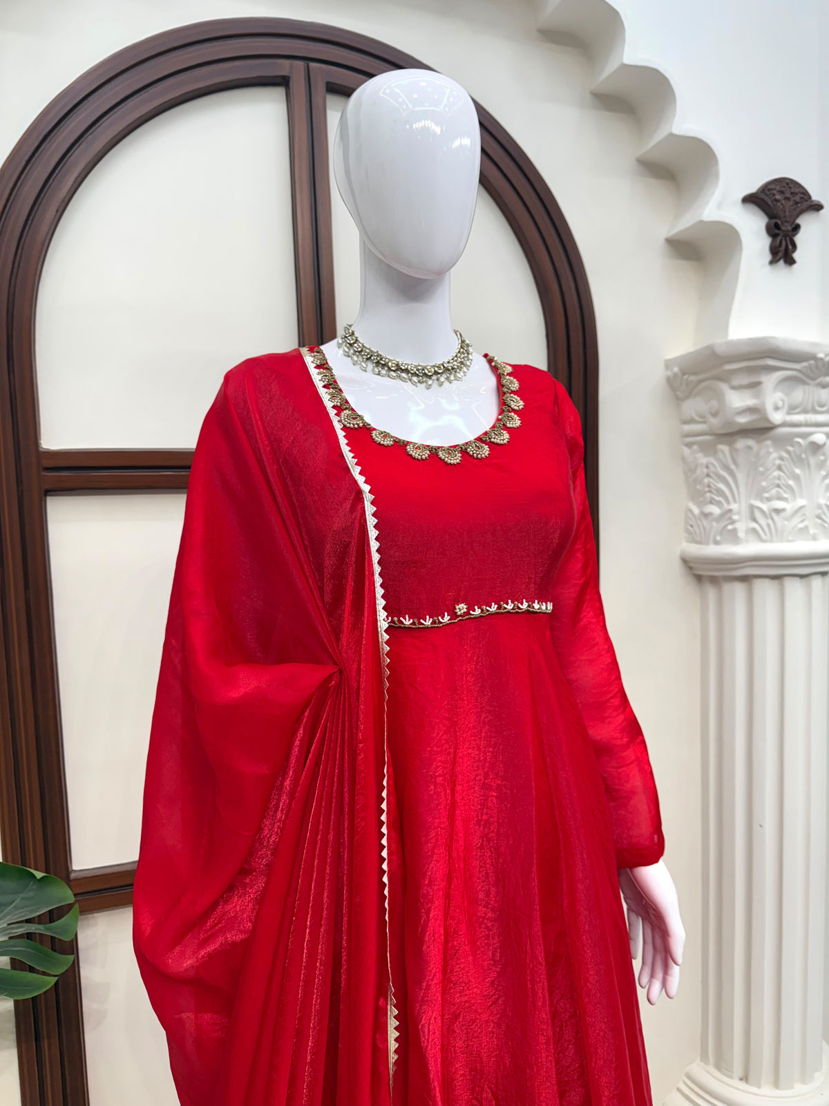 Fendy Silk Red Anarkali Suit Set With Handwork Detailing