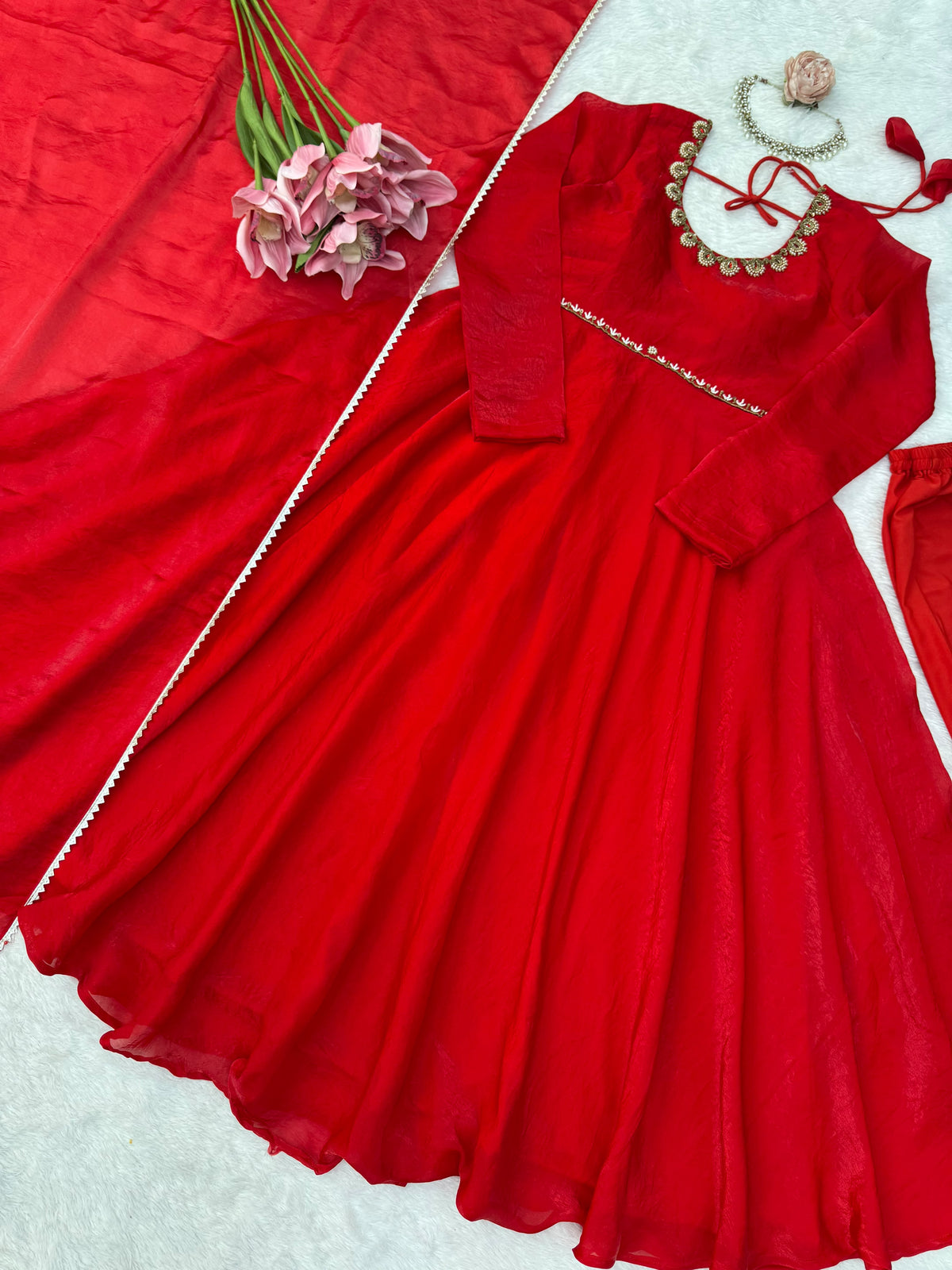 Fendy Silk Red Anarkali Suit Set With Handwork Detailing