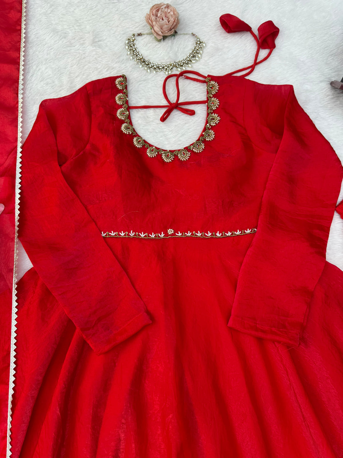 Fendy Silk Red Anarkali Suit Set With Handwork Detailing