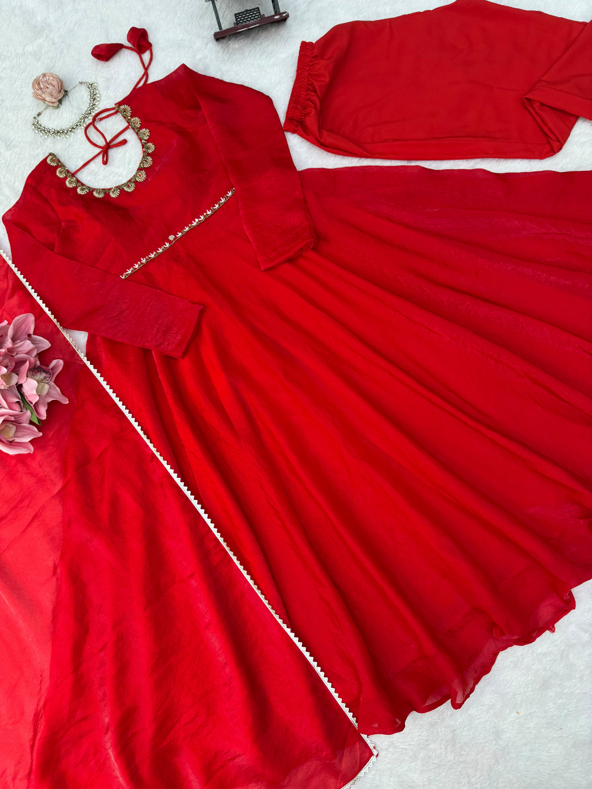 Fendy Silk Red Anarkali Suit Set With Handwork Detailing