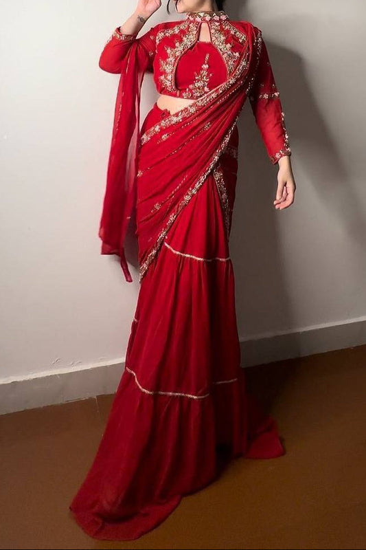 Party Wear Embroidery Work With Miror Work Ruffle Style Lehenga Saree