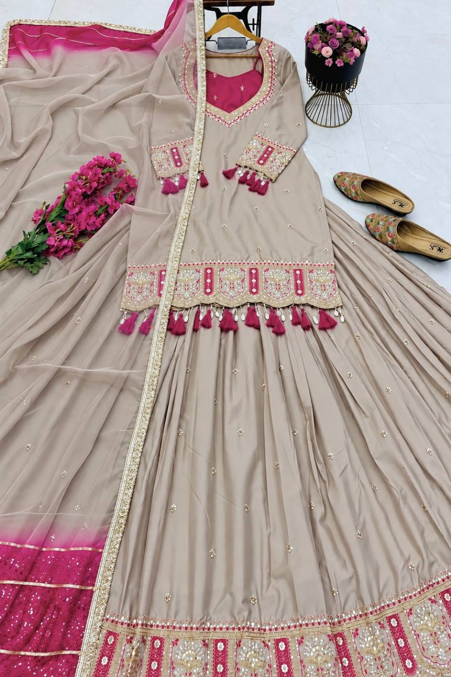Designer Party Wear Premium Heavy Chinon Silk Fully Stitched Lehenga Set