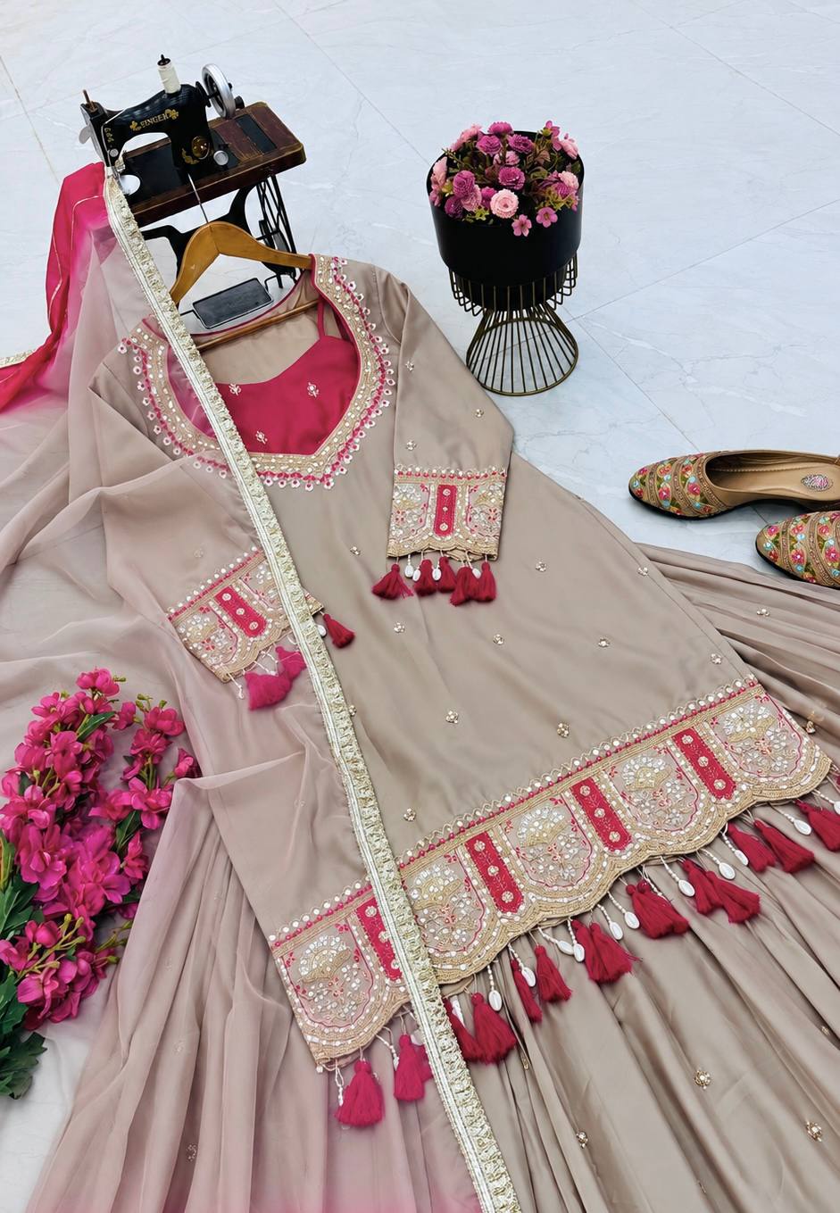 Designer Party Wear Premium Heavy Chinon Silk Fully Stitched Lehenga Set
