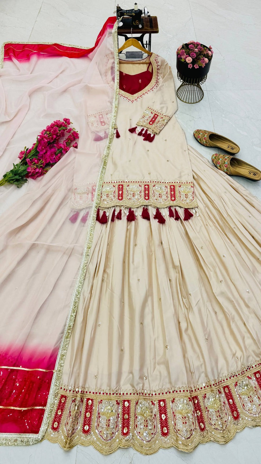 Designer Party Wear Premium Heavy Chinon Silk Fully Stitched Lehenga Set