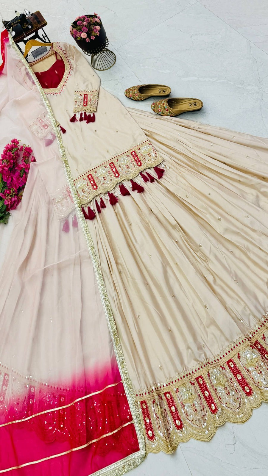 Designer Party Wear Premium Heavy Chinon Silk Fully Stitched Lehenga Set