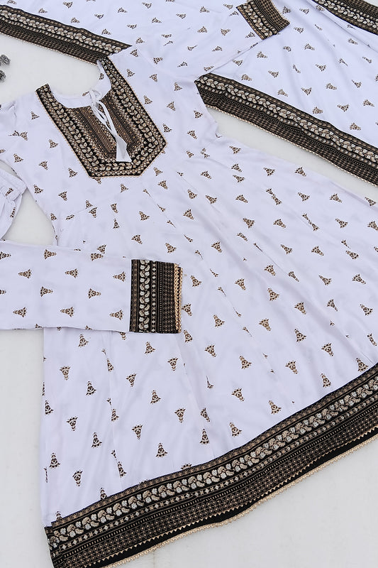 White & Black Printed Anarkali Suit Set with Dupatta