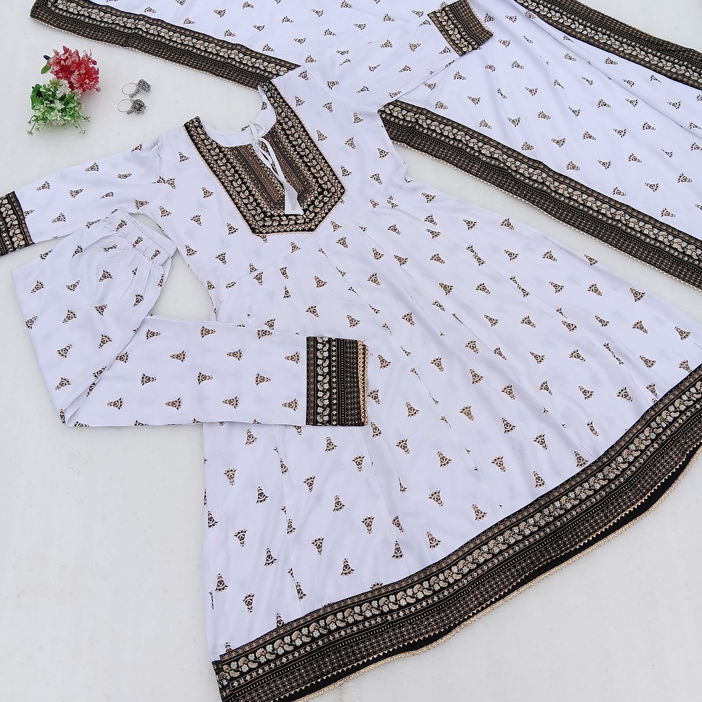 White & Black Printed Anarkali Suit Set with Dupatta