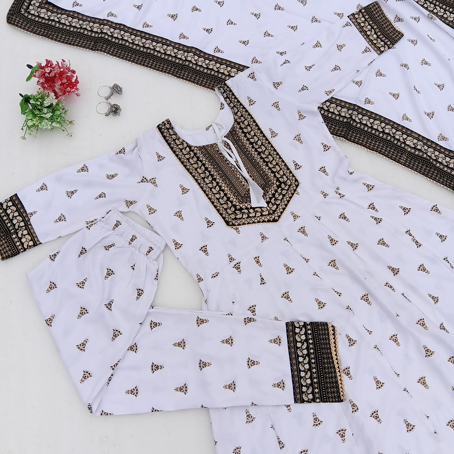 White & Black Printed Anarkali Suit Set with Dupatta