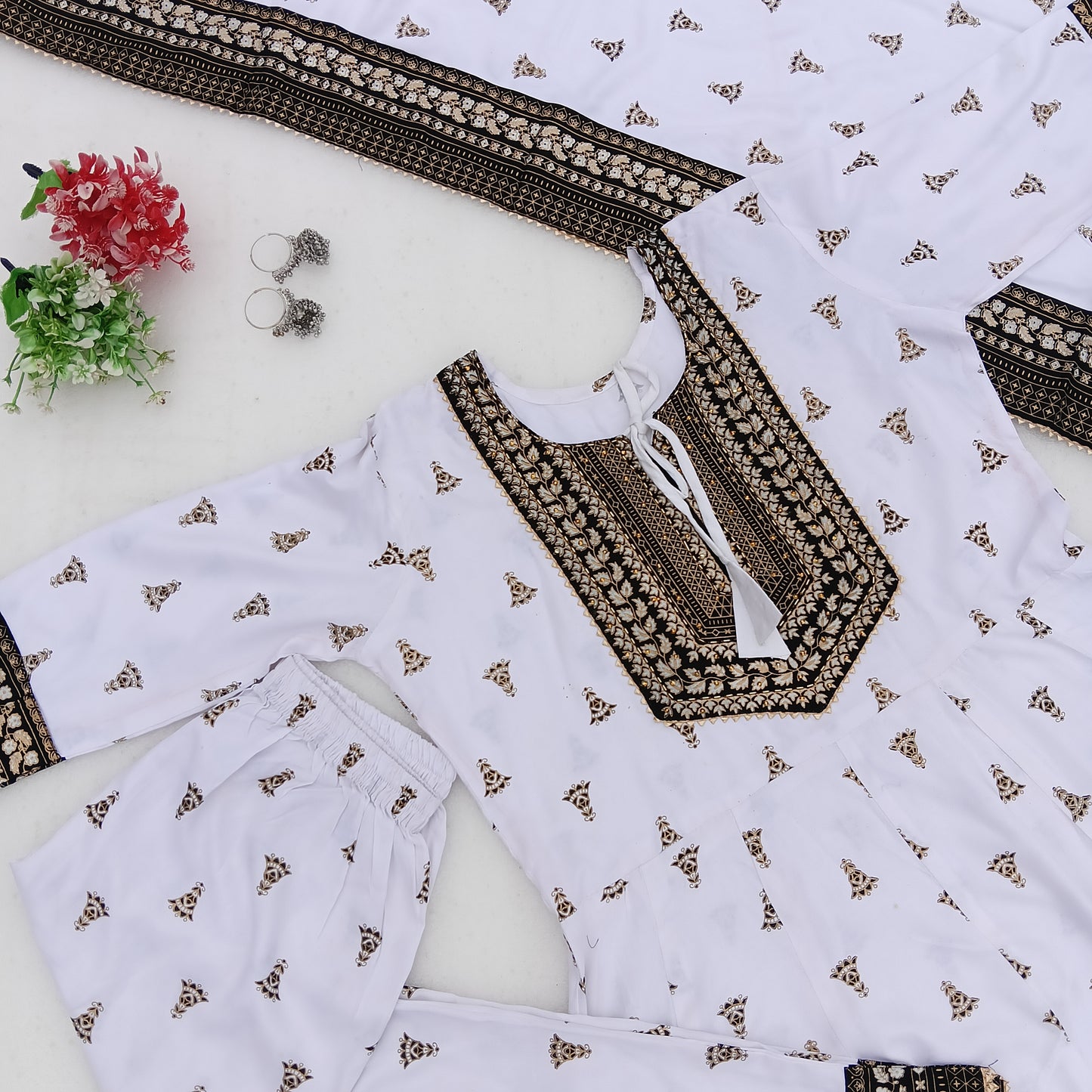 White & Black Printed Anarkali Suit Set with Dupatta